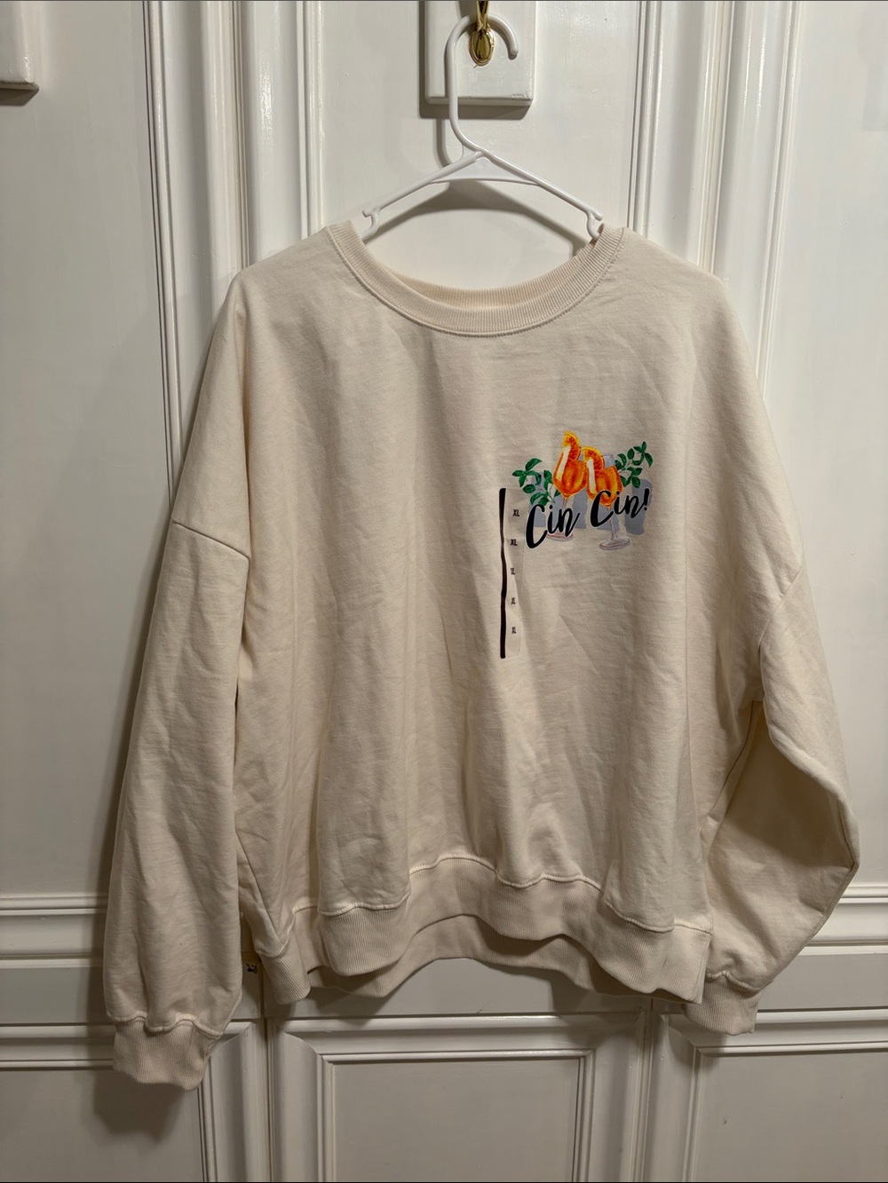 Cream Crewneck Sweatshirt with Colorful 'Cin Cin' Graphic